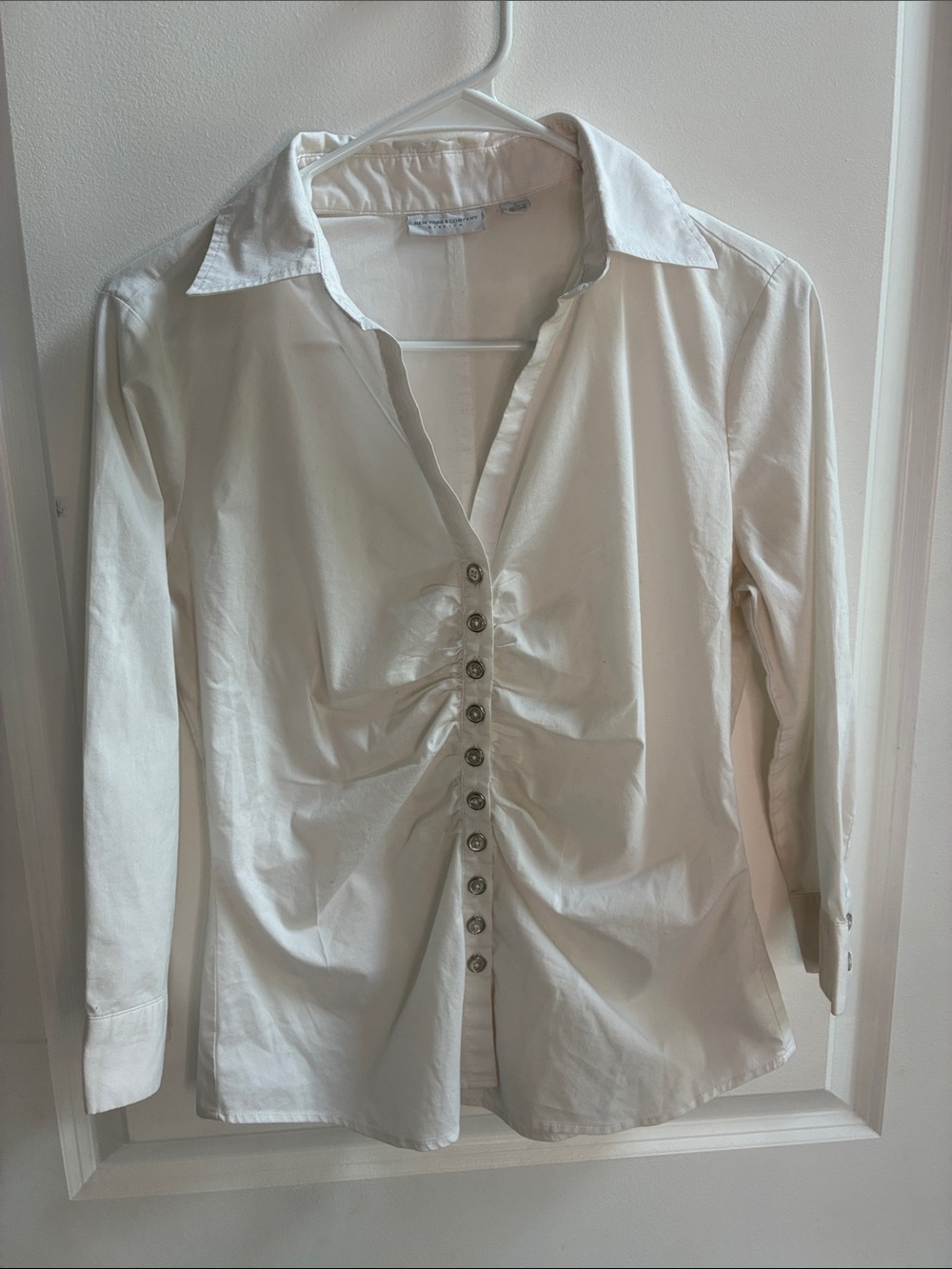 New York & Company White Ruched Front Button-Down Shirt